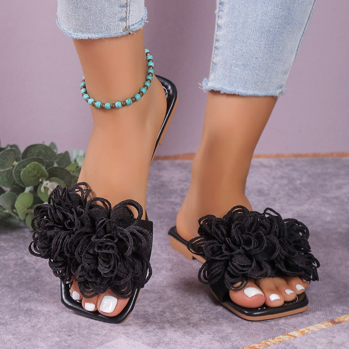 Modische Blumen-Flachpantoletten für Damen